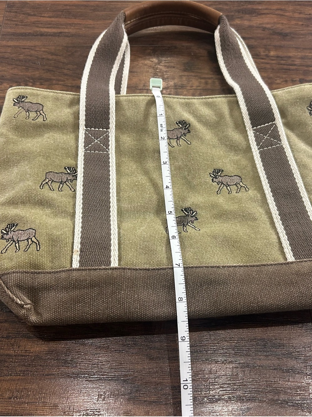 VINTAGE L.L.Bean Canvas Boat & Tote Moose Tan Brown Leather Trim Small Purse Bag - Picture 14 of 14